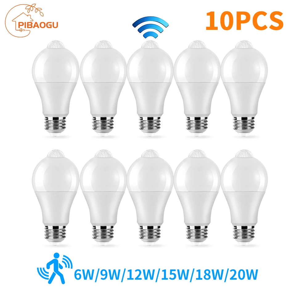 PIR 모션 센서 LED 전구, E27, 20W, 18W, 15W, 12W, 9W, 6W, AC220V 야간 조명, 가정용 주방 계단 조명, 10 개