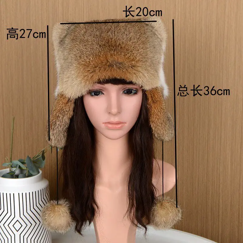 Winter Echte Kaninchenfell-Mützen für Frauen Russische Uschanka-Kappe Unisex Warme Schneemütze mit Ohrenklappe – Detail 2