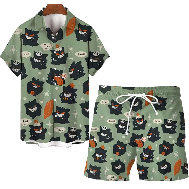 MINISO Pokemon Pikachu Men's Short-sleeved Shirt Beach Shorts Set Men's Summer Street Fashion Men's Casual Hawaii Shirt Suit 2