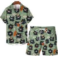 MINISO Pokemon Pikachu Men's Short-sleeved Shirt Beach Shorts Set Men's Summer Street Fashion Men's Casual Hawaii Shirt Suit 2