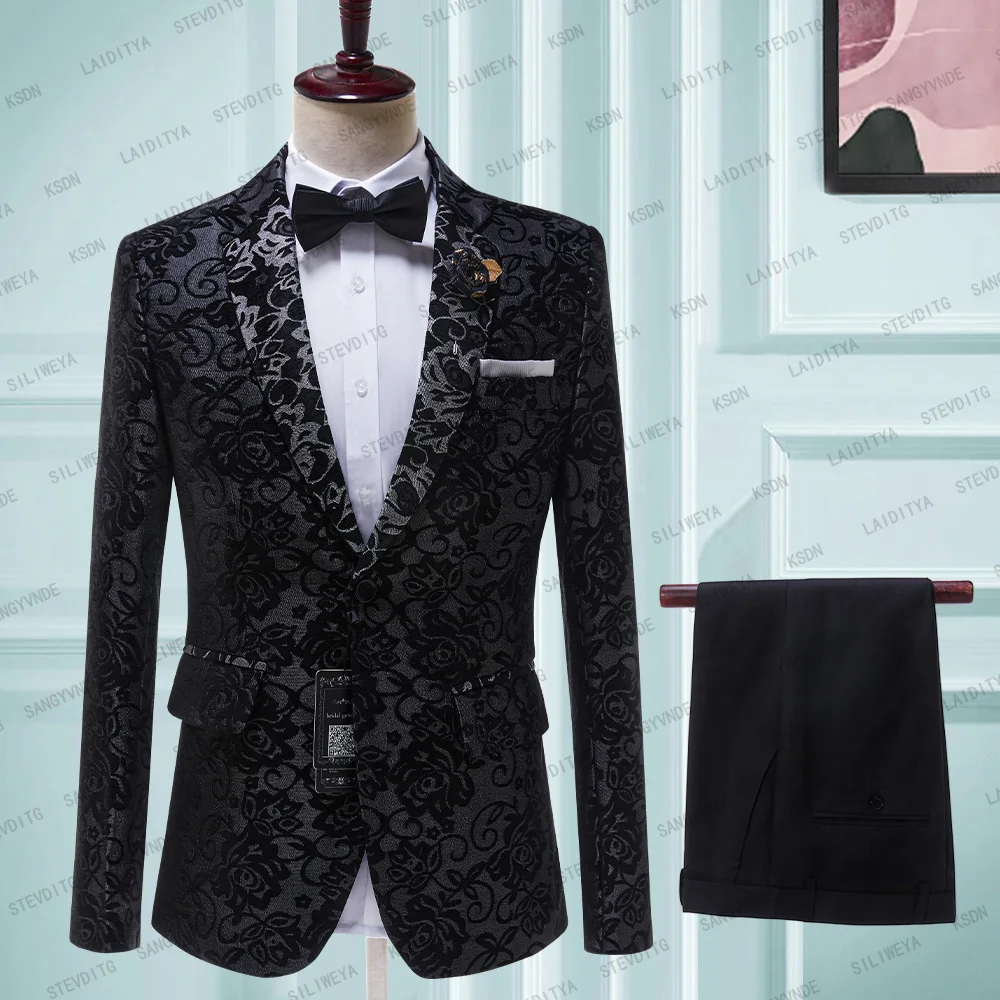 

2023 New Black Floral Wedding Tuxedo for Groom 2 Pieces (Jacket+Pants) Slim Fit Men Suits Custom Male Fashion Costume
