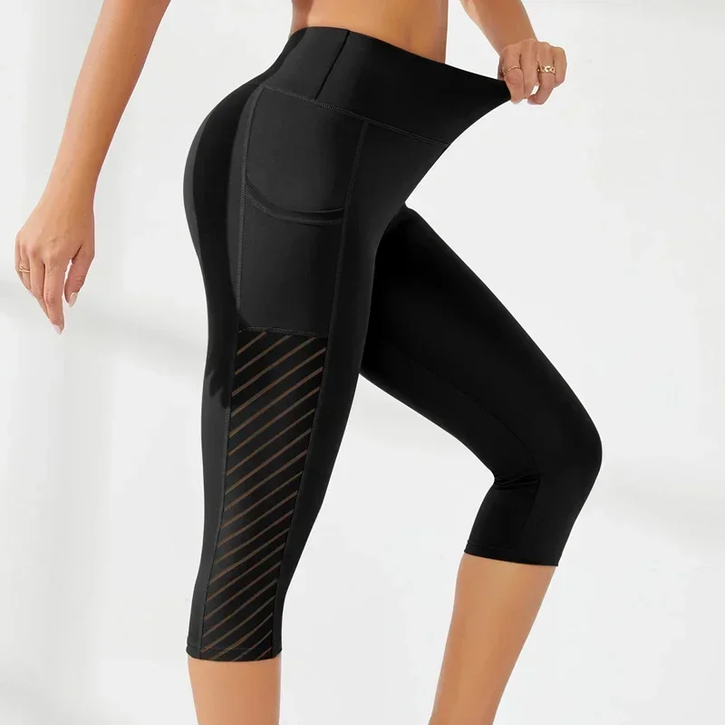 Sport Shorts cropped pants Female Fitness Nudity High Waist Hip Lift Running Yoga Side Pockets Tights Quick Dry Gym Sportswear 5