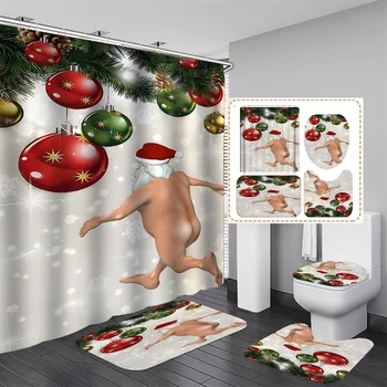 4Pcs Bathroom Accessaries Set Christmas Decor Shower Curtain Toilet Seat Cover Flannel Mat Bathroom Product Home Decor 5