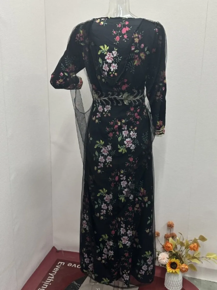 Eid Muslim Party Dress for Women Print Floral Ramadan Abaya Long Dress Belt Morocco Vestidos Largos Dubai Robe Jalabiya 2024