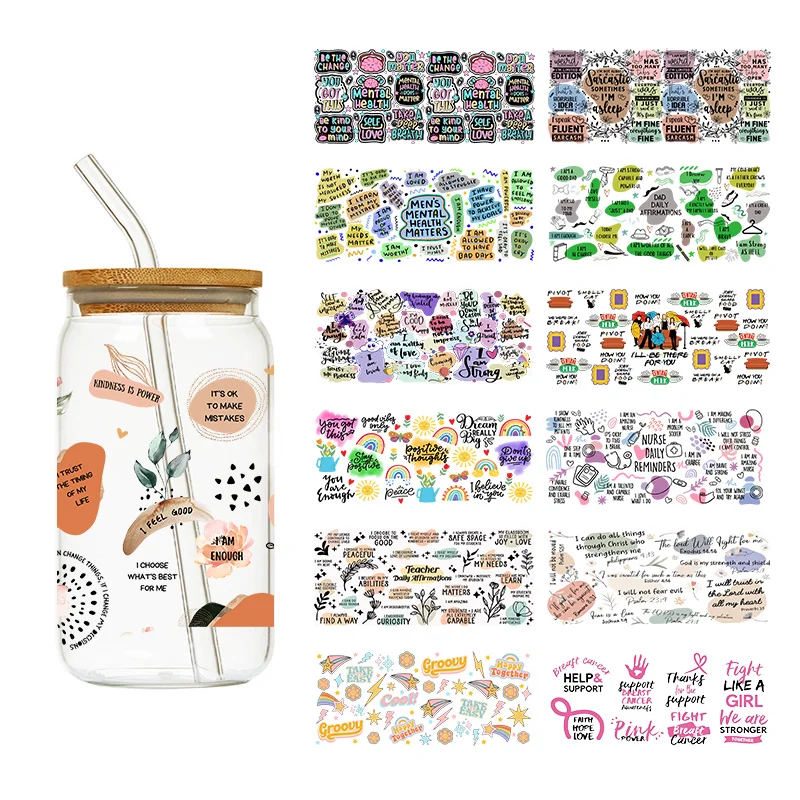 1 Pz Happy Abbastanza Daily Statement Promemoria Pink Power Libbey Glass Can Cold Transfer Lables Uv Dtf Tumbler Wrap Transfers