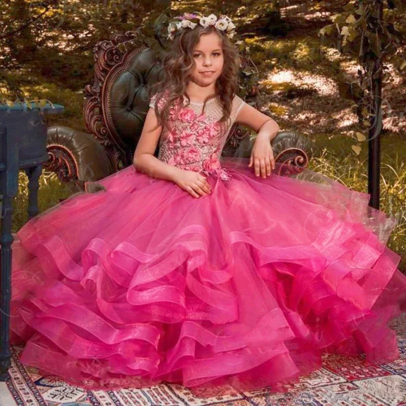 

Elegant Pink Layered Tulle Puffy Applique Flower Girl Dress For Wedding Sleeveless Child's Eucharistic Birthday Party Dresses