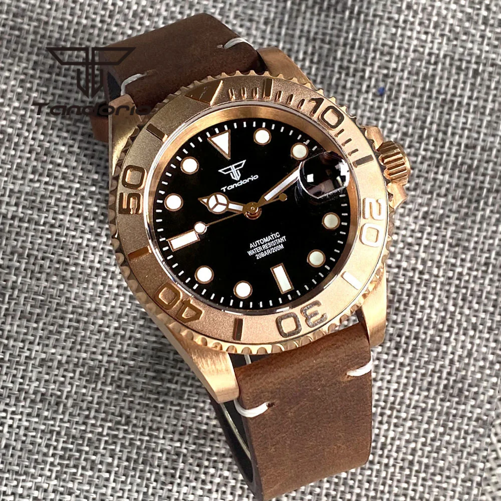Tandorio Solid CUSN8 Bronze PT5000 NH35A 40mm Automatic Men's Wristwatch Black Dial Sapphire Glass Rotating Bezel Leather Strap