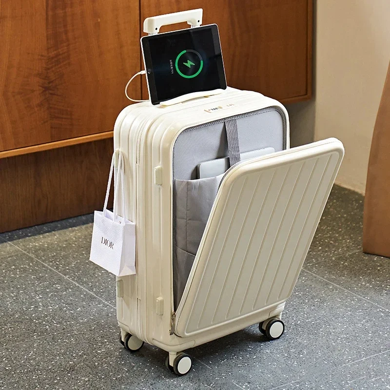 Multi functional front opening luggage compartment charging port trolley box travel box aluminum frame mount case