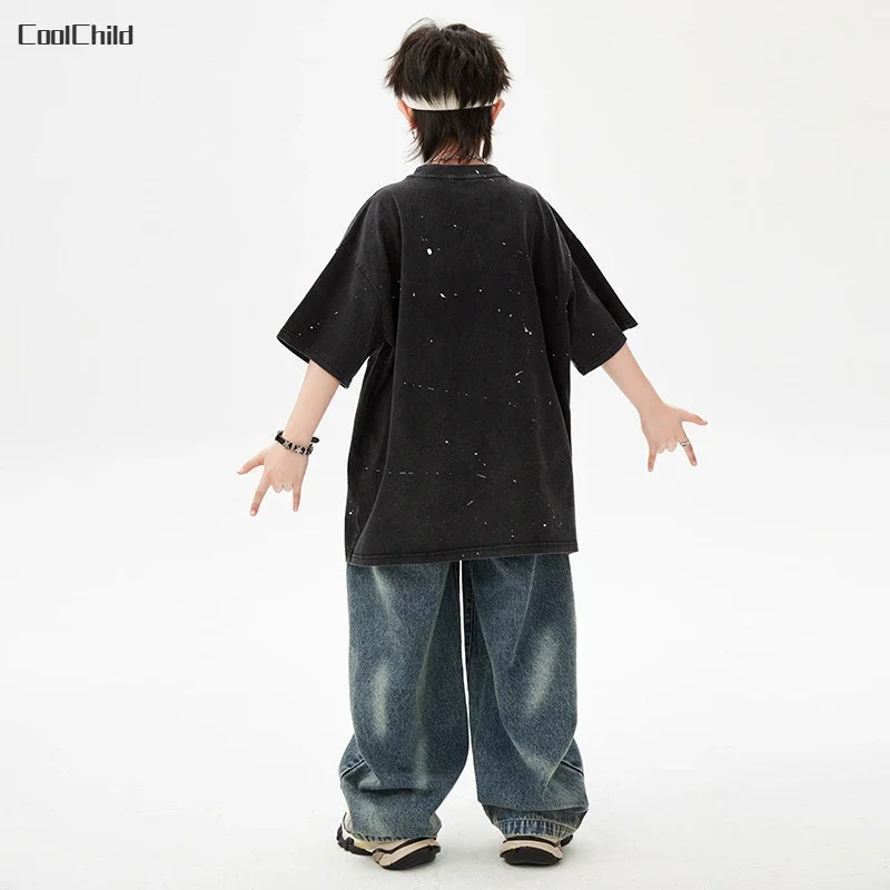 Boys Streetwear Street Dance Printed Loose T-shirt Jeans Girls Hip