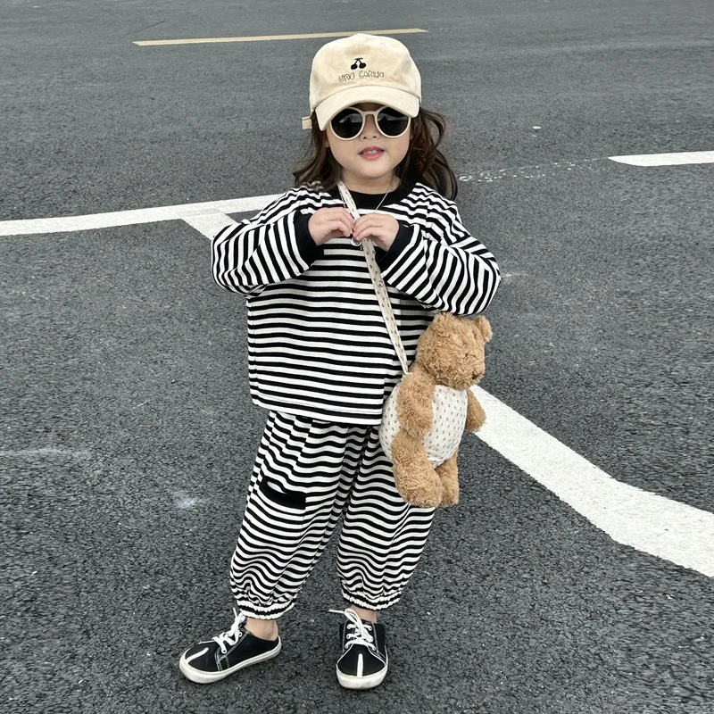 

Children's Suit2024Spring and Autumn New Children's Clothing Children Toddler Baby Girls Beaded Stripes Long-Sleeve Suit