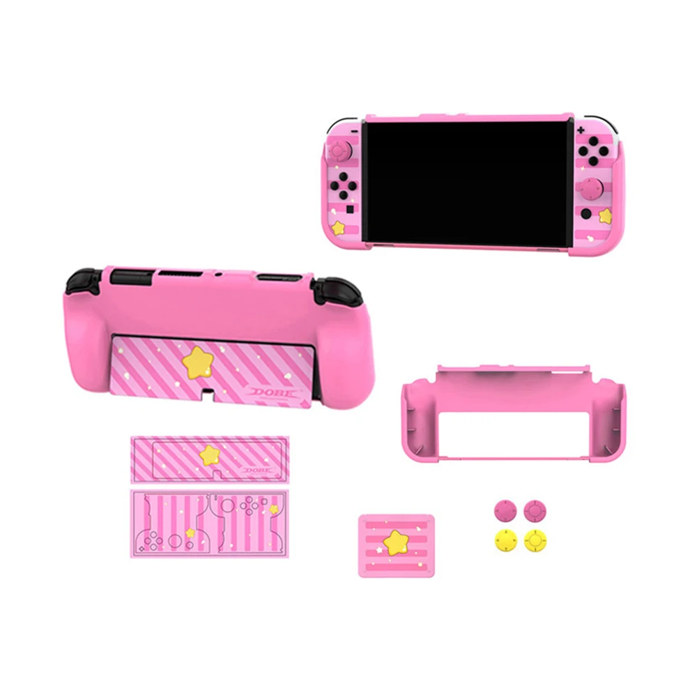 

For Switch OLED game console pink sticker OLED console protective cover + card box + rocker cap set
