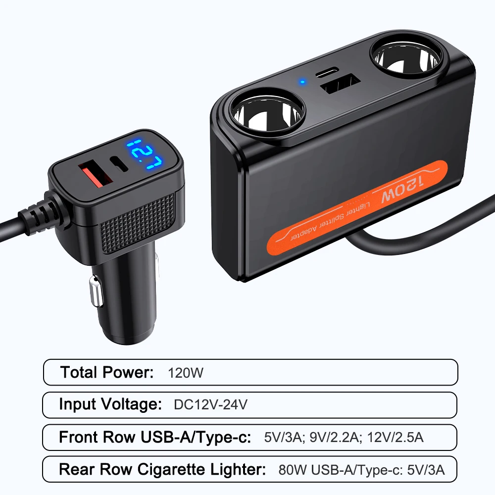 Car Cigarette Lighter Adapter USB PD Power Socket with LED Voltmeter Car Cigarette Splitter 120W 12-24V Auto Accessories