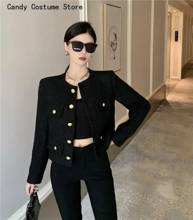 Woolen Short Coats Streetwear Outwear Crop Top Fall Winter French Vintage Small Fragrant Tweed Jacket Coat Women Elegant Casual