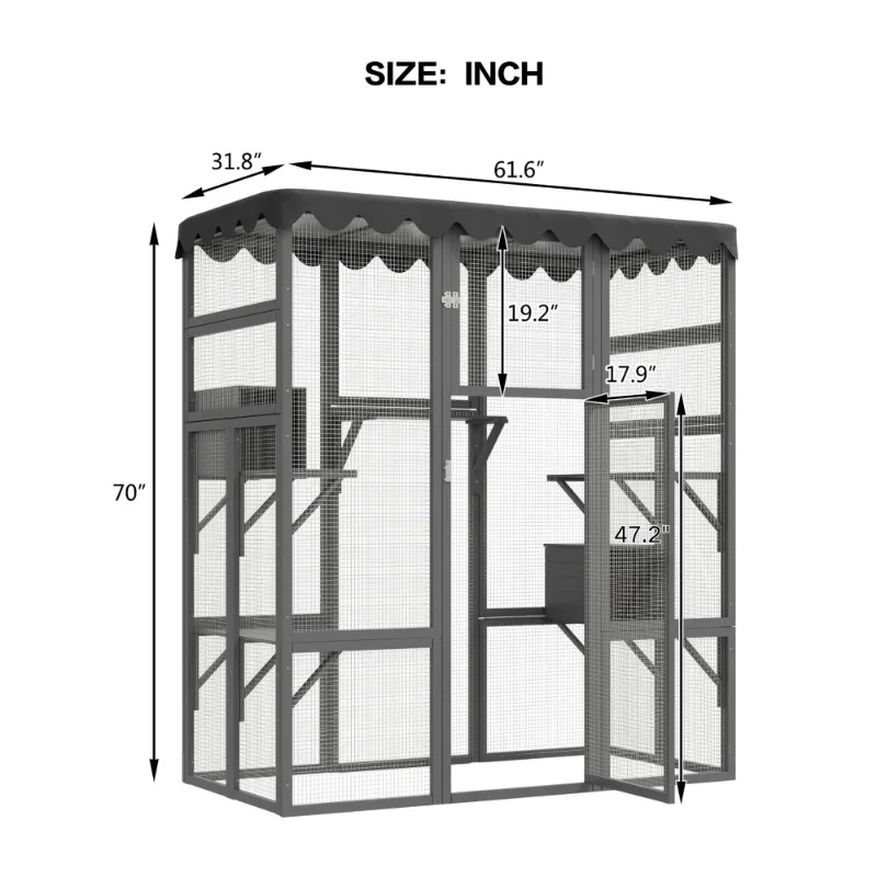 Outdoor Cat House Big Catio Wooden Feral Cat Shelter Enclosure Spacious Interior 6 High Ledges Weather Protection Asphalt Roof