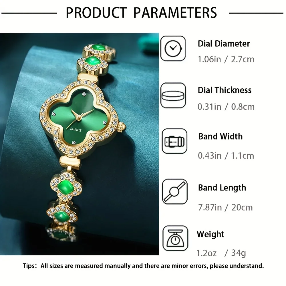 2pcs/set Women's Watch Luxury Rhinestone Clover Pointer Quartz Watch Steel Band Bracelet Wrist Watch & LOVE Bangle, Gift For Her 3