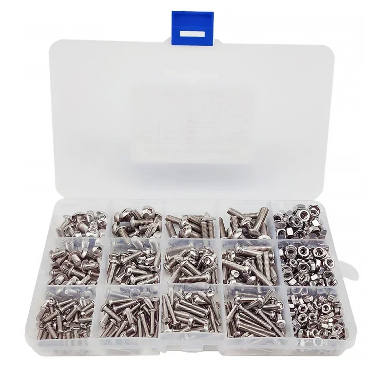 500pcs/Box M3 M4 M5 12Sizes Allen Hexagon Hex Socket Head Cap Flat Countersunk Screw Bolt Nut Set Kit Box 304 A2 Stainless Steel