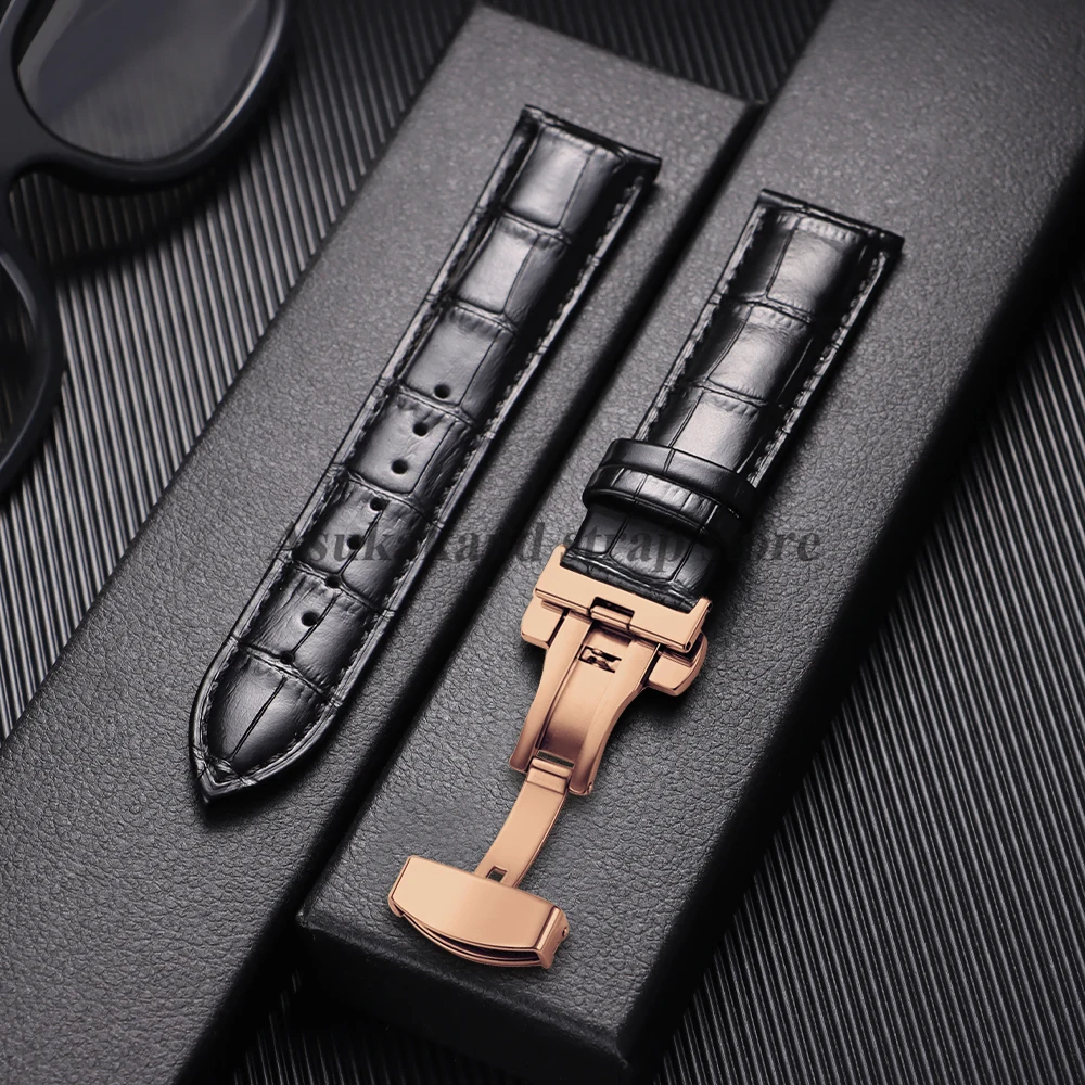Luxurious Genuine Calfskin Leather Watchband with Butterfly Buckle Closure