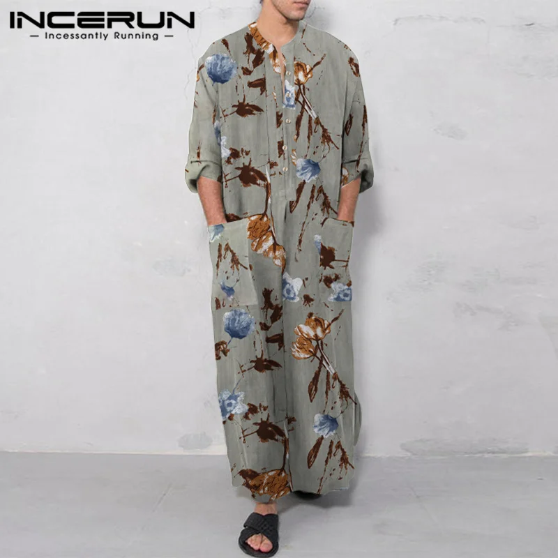 

INCERUN 2023 Middle East Hot Selling New Mens Robe Muslim Stylish Style Robe Ethnic Flower Printing Long-style Jubba Thobe S-5XL