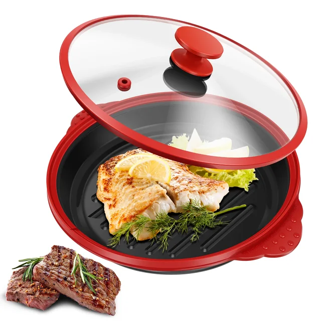 Plaque de cuisson pour micro-ondes avec couvercle, plaque grill et plaque à crisper, pour faire du fromage, griller, faire cuire et faire croustillant les aliments, ustensile de cuisson pour micro-ondes 1