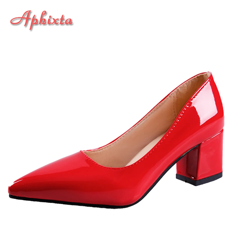 Women Pumps Shoes Aphixta 5cm Square Heels Patent Leather Red Pointed Toe Dress Party Plus Size 49 50