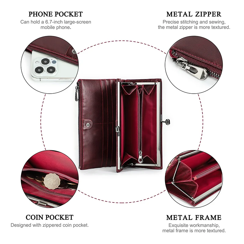 Contact'S Long Wallet Women Genuine Leather Metal Frame Credit Card Holder Hasp and Zipper Woman Phone Purse 4 Color For leather wallet,credit card holder,women wallet,card wallet,women purse
