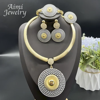 Large Round Pendant 18K Gold Plated Jewelry Set for Women Necklace Earrings Bracelet Ring African Bridal Wedding Party Gifts