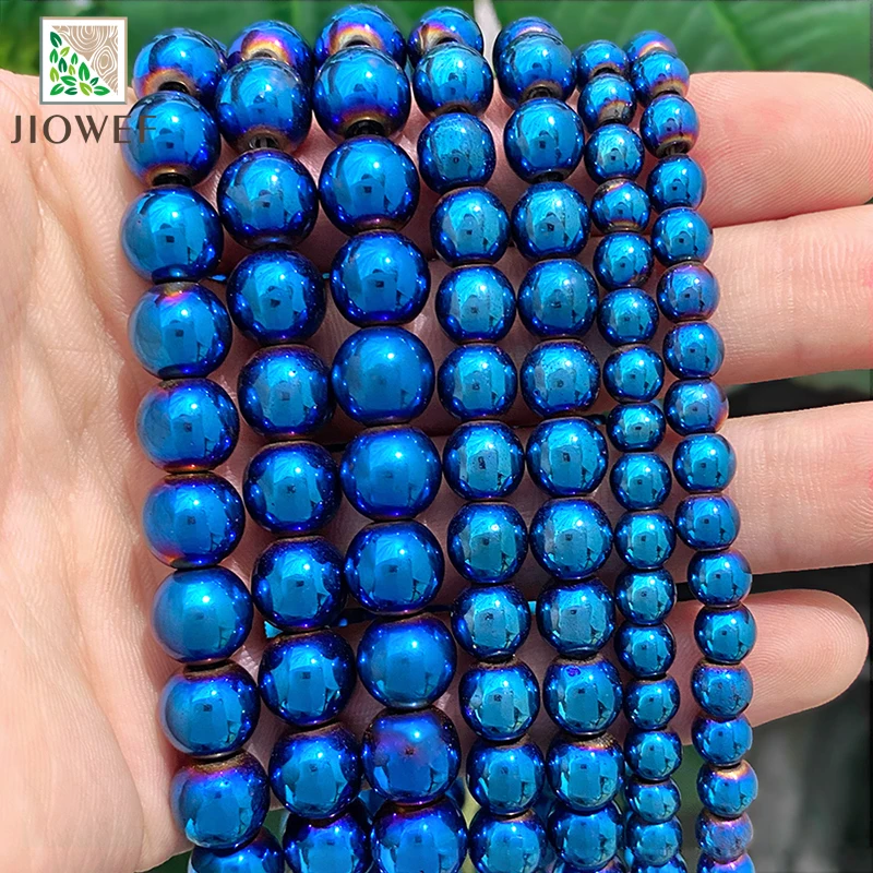 Natürliche glatte blau plattierte Hämatitperlen Runde Perlen DIY Armband Zubehör für Schmuckherstellung 2/3/4/6/8/10mm 15'' Strang
