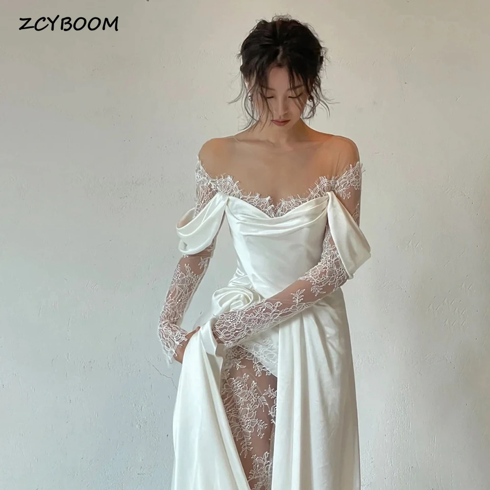 O-Neck Lace Long Sleeves A-Line Floor Length Sweep Train Side Slit Satin Zipper Wedding Dresses Bridal Gown