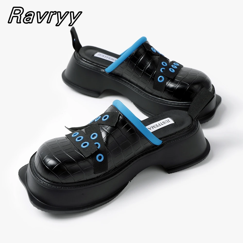 

Black Microfiber Leather Blue Metal Decorate Slippers Summer Punk Style Cool Girl Flat Slides Round Toe Hollow Platform Shoes