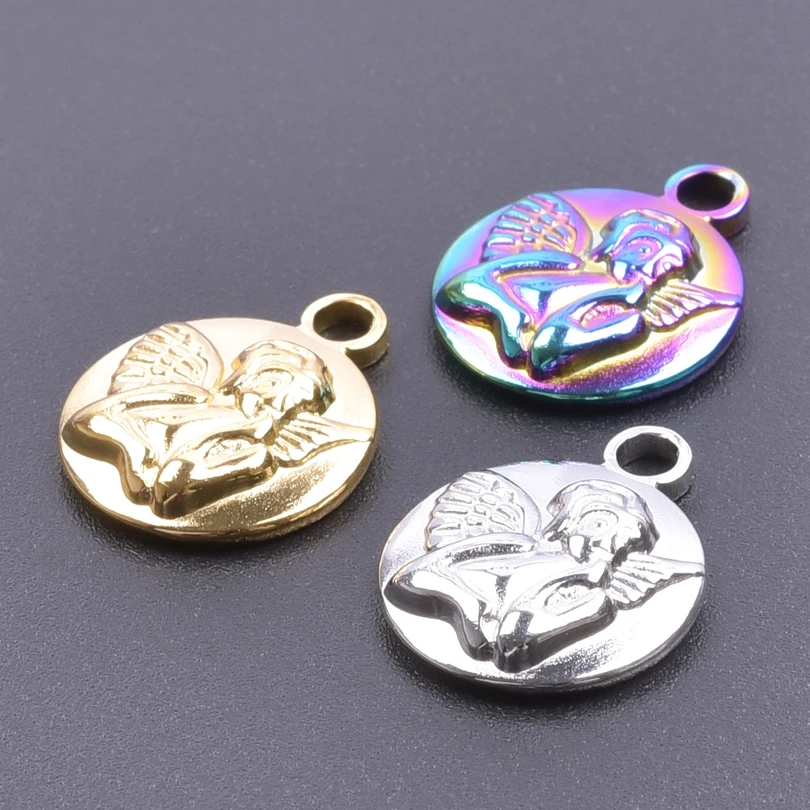 

9pcs/Lot Rainbow Gold Color Angel Elf Wings Feather Rounds Charms Stainless Steel Pendant For DIY Jewelry Making Accessories