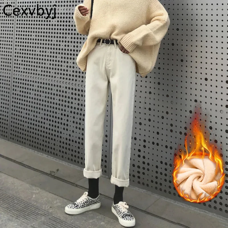 

Winter Plus Velvet Warm Women's Jeans Fashion High Waist Thicken Harem Pants Black Baggy Casual Denim Trousers