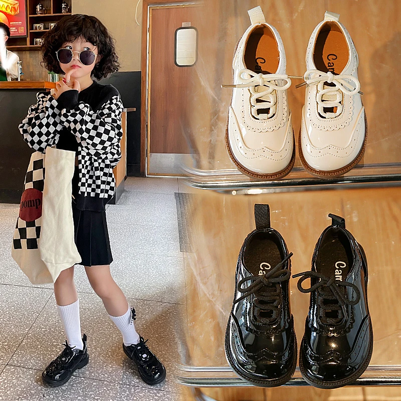 

Girls British Shoes 2022 New Fashion Spring Autumn Kids Children Wide Elegant Pu Leather Lace-up Princess Soft Rubber Shoes Baby