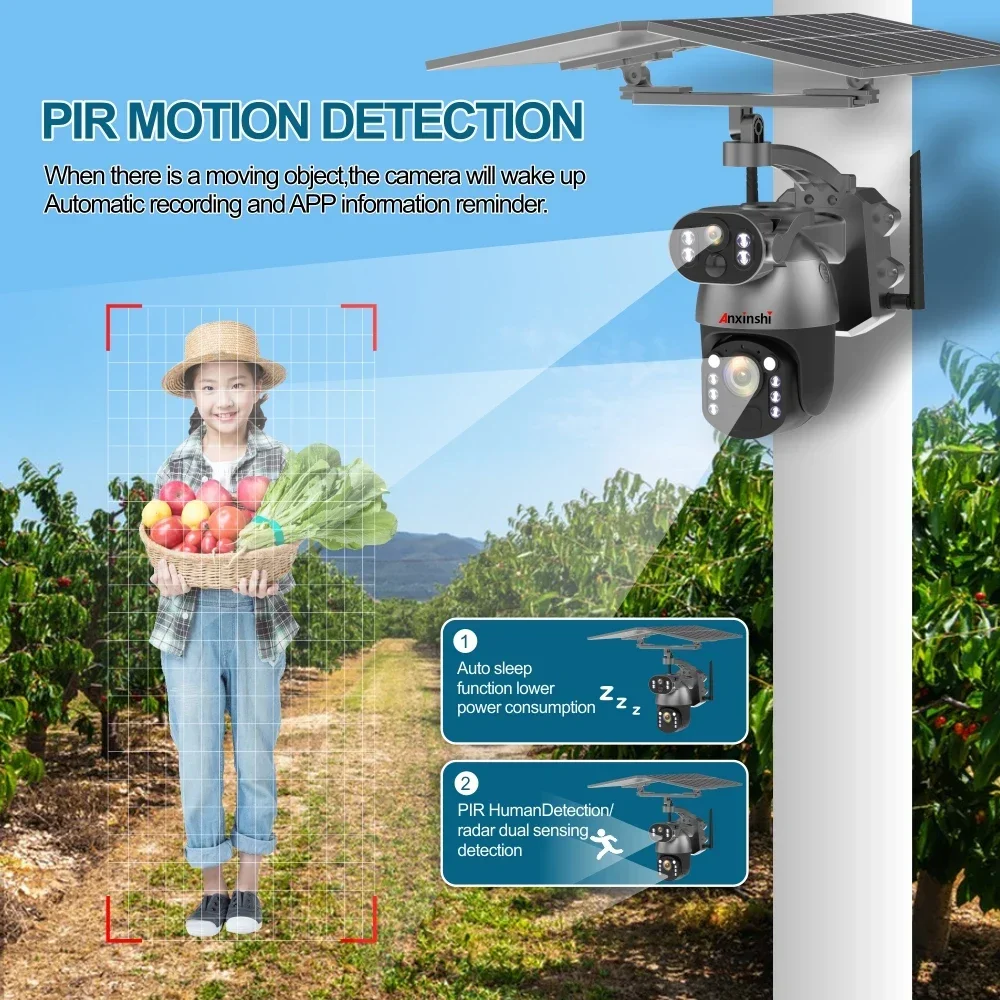안신시 브랜드 4G LTE 태양광 무선 UBox 앱 지원 50배줌 태양광 카메라 (양방향 오디오, 듀얼 태양광 패널 포함)