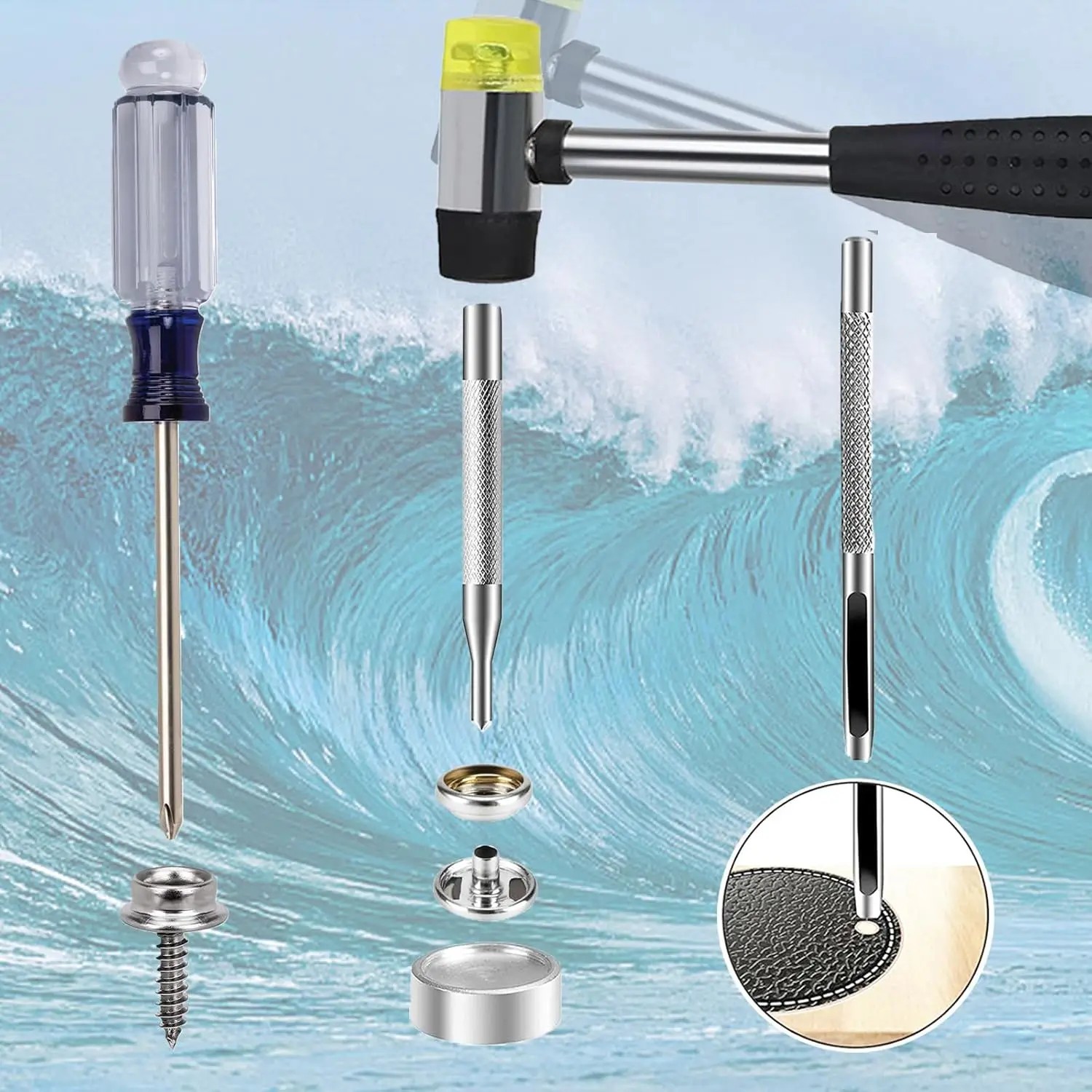 Orton Strumento di fissaggio a scatto resistente, kit di 60 set di attrezzi per la copertura della barca, strumento per bottoni a pressione, sostituzione di bottoni automatici in metallo