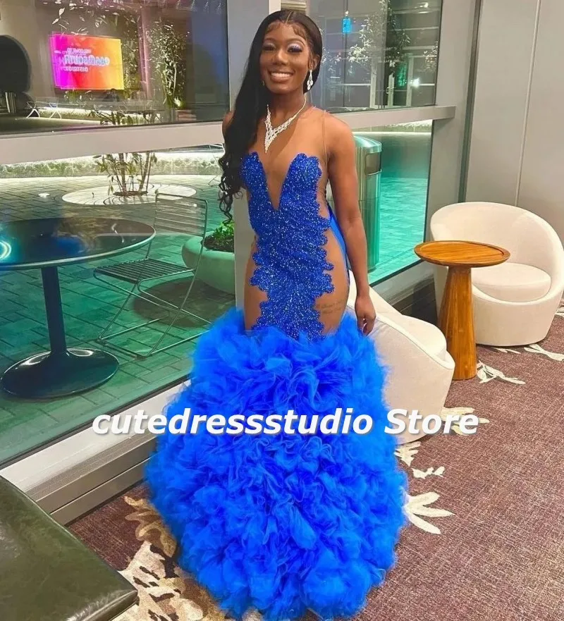 3D Butterfly Blue Mermaid Prom Dresses Aso Ebi Sheer Neck
