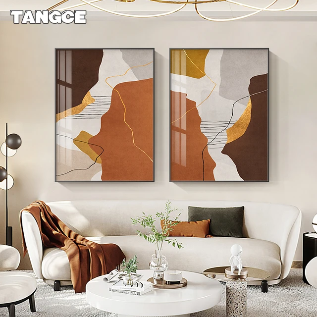 Cuadros modernos de decoración para el hogar, impresiones de arte en lienzo  con líneas de lámina dorada para sala de estar, póster de pared colorido  naranja abstracto - AliExpress