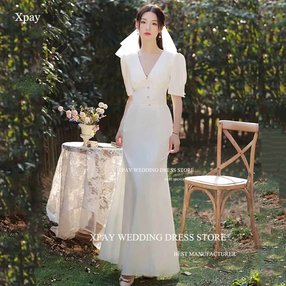 

XPAY V Neck Korea Mermaid Wedding Dresses Short Sleeve Elastic Satin Vintage Bridal Gown Photos Shoot Custom Button Bride Dress