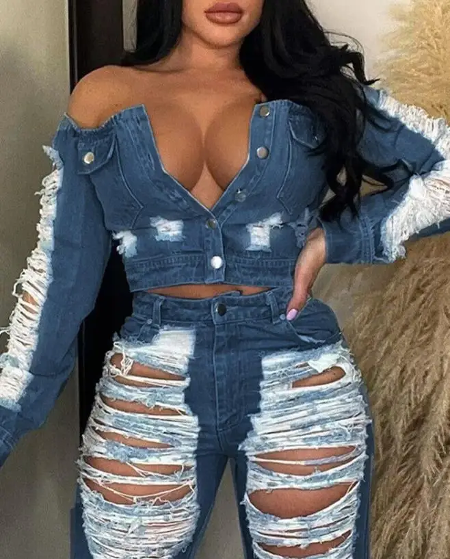 Sexy Tassel Hollow Out Pants for Woman Outfit Denim High Waist Pocket Design Ripped Jeans 2023 Autumn Fashion Spicy Girl Trouser