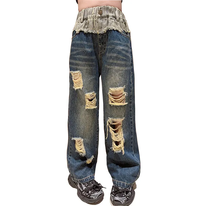 

New Broken Hole Girls Pants Spring Fall Teenage Ripped Jeans Fashion Patchwork Children Casual Jeans Kids Trousers 6 8 10 12Yrs