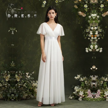 فستان وصيفة العروس أبيض أنيق مع رقبة على شكل حرف V وأكمام مرفرفة - فستان حفلات الزفاف عالي الخصر للعروس والغالاس |   بيبي آن لاين