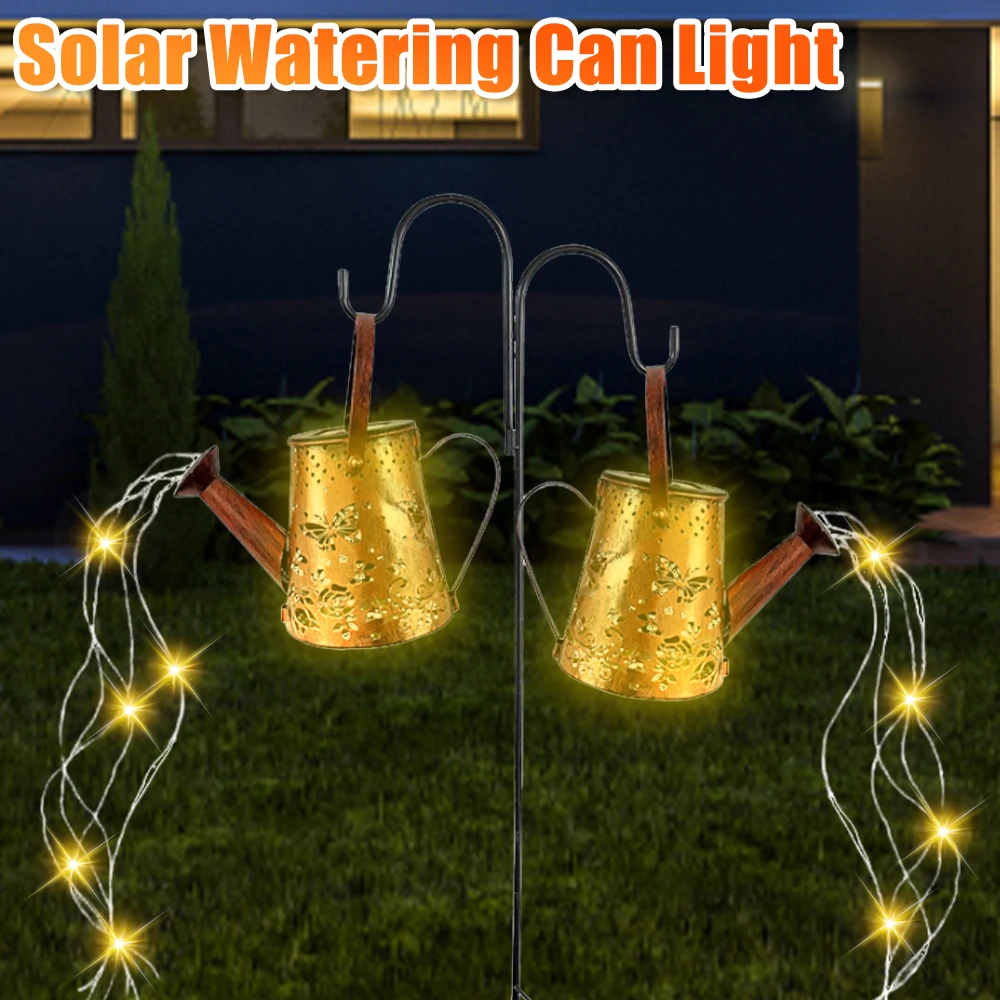 Solar LED Watering Can Lights Outdoor Waterproof Decorative Kettle Garden Yard Art Lamp Hollow Water Sprinkle Projection Lamp