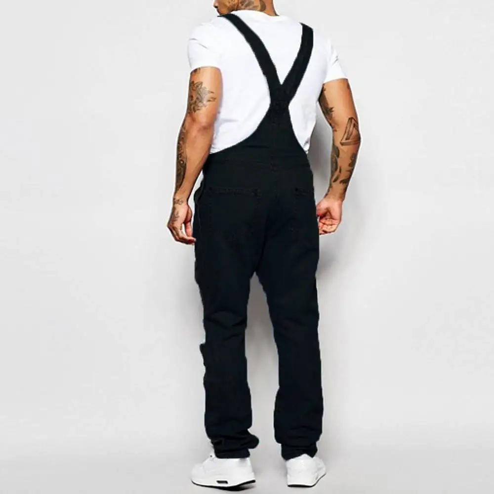 Men's Solid Fashion Pockets Denim Bib Overalls Loose Suspender Jeans Trousers Male Daily Classic Casual Jumpsuit Autumn Winter 3