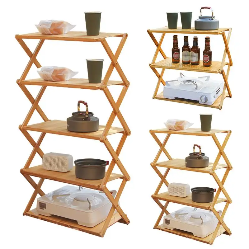 

Ldable Wooden Shelf Multi-Layer Display Shelf Folding Portable Wooden Travel Camping Shelf For Outdoor/Indoor Picnic BBQ