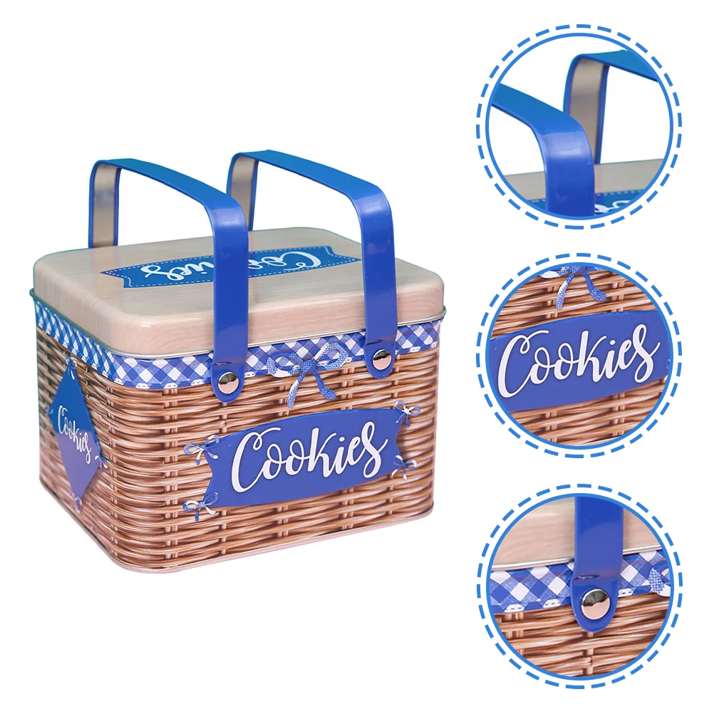 

Rectangle Imitation Rattan Metal Cookie Tin Metal Cookie Tin Can With Handle Wicker Picnic Basket Rectangle (Random Style)