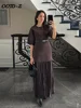 Elegant Patchwork Pleated Long Dress Women Brown O-neck Half Sleeve Slim Dresses Female 2025 Spring Summer Lady High Street Robe 1