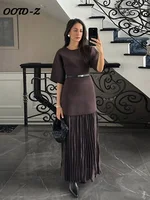 Elegant Patchwork Pleated Long Dress Women Brown O-neck Half Sleeve Slim Dresses Female 2025 Spring Summer Lady High Street Robe 1