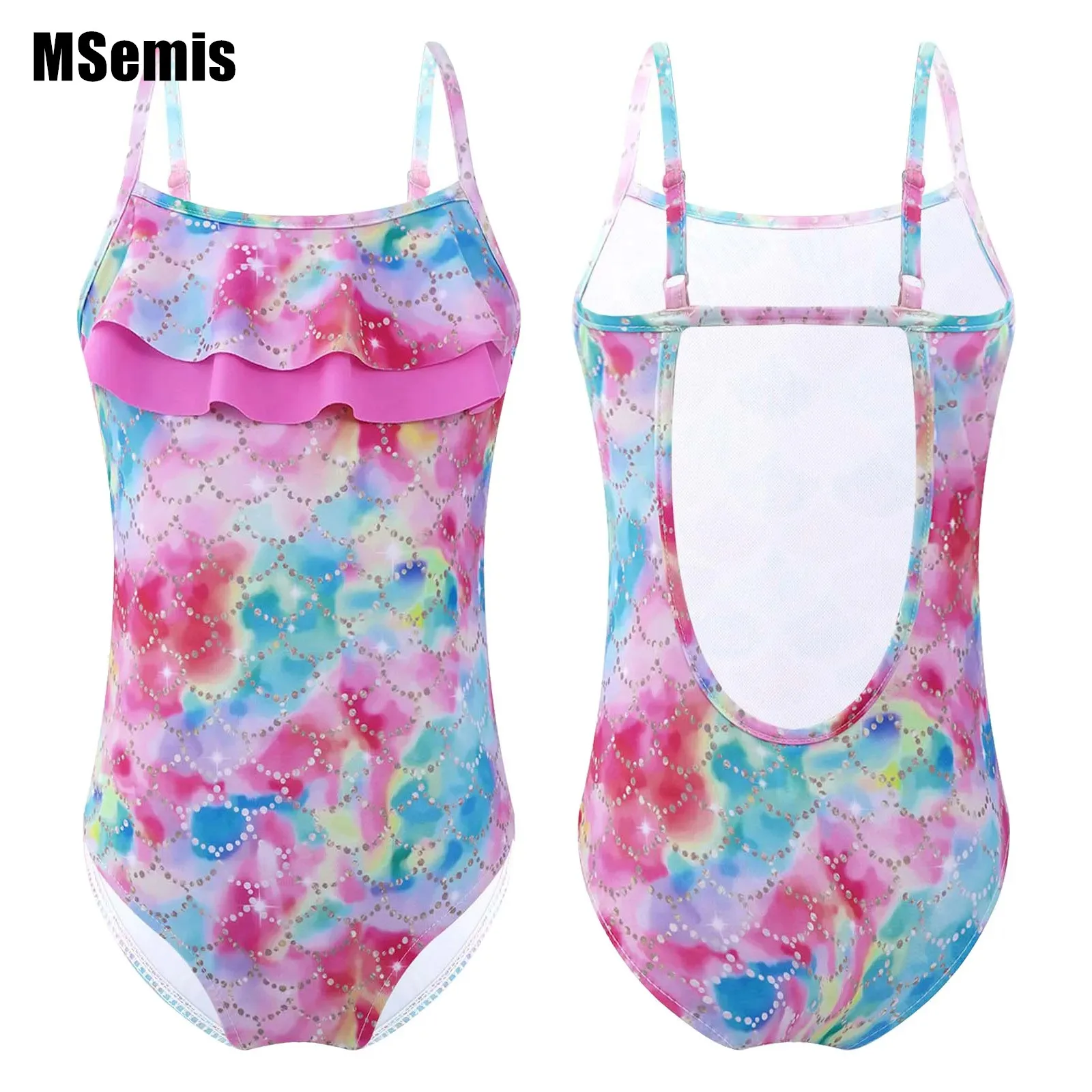 

Kids Girls Swimsuit One-piece Jumpsuit Swimwear Adjustable Straps Ruffle Hem Print Open Back Swimming Bathing Bodysuit Beachwear