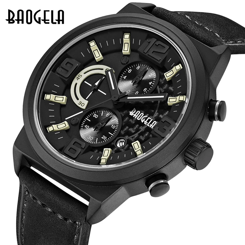 

BAOGELA Men's Quartz Watch Carbon Fibre Casual Fashion Timing Leather 3ATM Waterproof Bracelet Relogios Men's Reloj Hombre