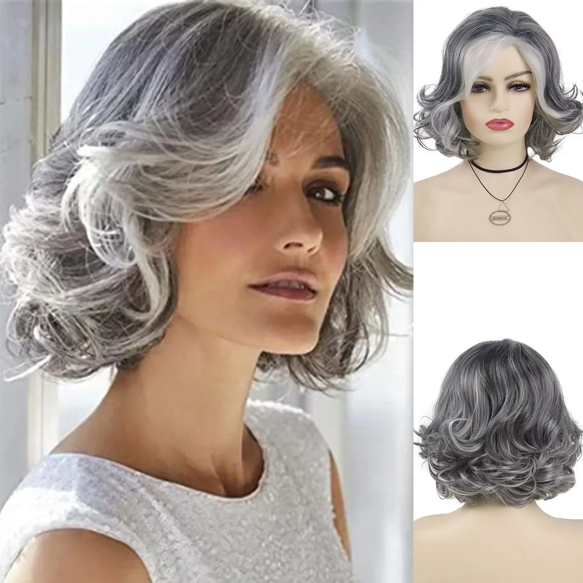 Gnimegil Parrucche Bianche Grigie Sintetiche Per Le Donne Capelli Corti Ricci Mix Colore Grigio Frizzy Design Sulla Parte Superiore Parrucche Realisti
