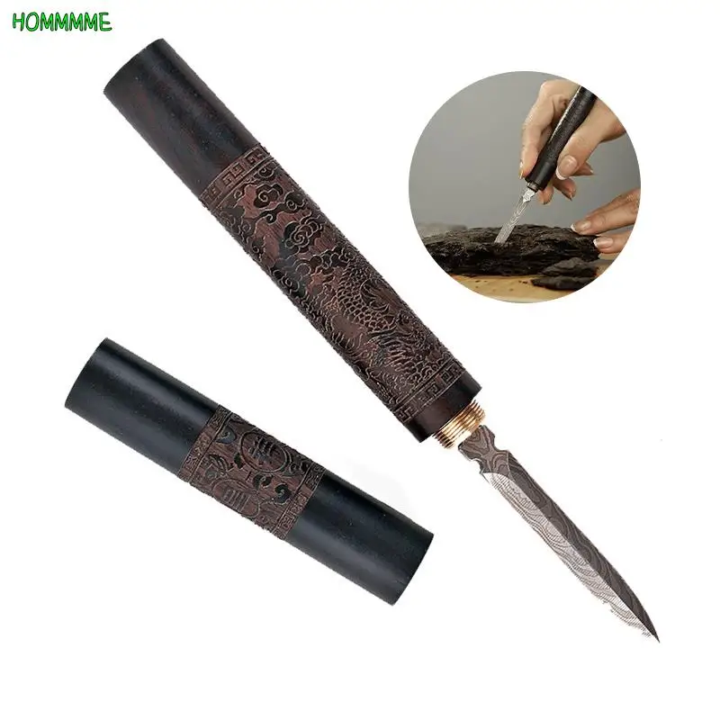 1Pc Stainless Steel Ebony Chinese Puer Tea Needle Cutter Damascus Tea Knife